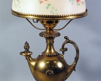 Brass And Glass Table Lamp With Genie Lamp Style Base And Shade With Floral Design, 24" H, Powers On