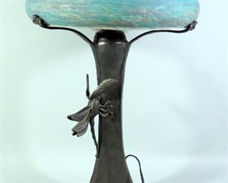 Mushroom And Dragonfly Design Art Nouveau Style Table Lamp, Possibly By Gustav Gurschne