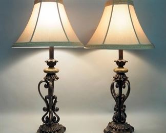 Table Lamps With Scrollwork Design, Qty 2, 33" H, Both Power On, 1 Is Missing Part Of 1 Scroll