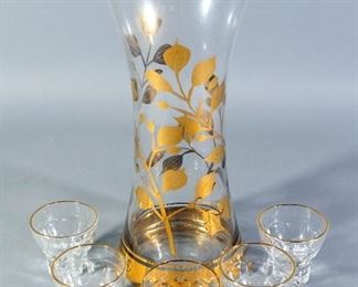 Glass Carafe With Gold Tone Accents And Ruhrglas Shot Glasses With Gold Tone Rims