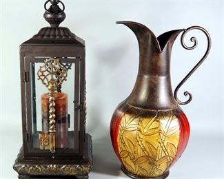 Metal Pitcher With Embossed Bamboo Stalk Design, 16.5" H, And Metal And Glass Candle Holder With Skeleton Key Design On Each Pane, 19" H