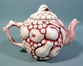 Ceramic Teapot, Creamer, And Sugar Bowl Set, All With High Relief Fruit Design