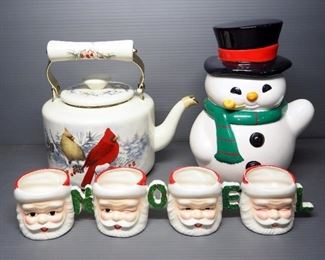 Porcelain Snowman Cookie Jar, Enameled Teakettle With Winter Greetings Birds In Snow Image, And 4 Santa Cups (Handles Spell NOEL)