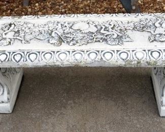 Concrete Patio Bench With Relief Cupid Image, Separates Into 3 Pieces, 16" H x 40" W x 13.5" D