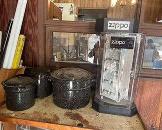 Zippo display cabinets, enamel pots