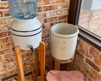 Red Wing #4 crock, pottery water dispenser, unique wood footstool