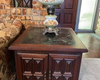 one of a pair of marble top end tables, floral GWTW lamp