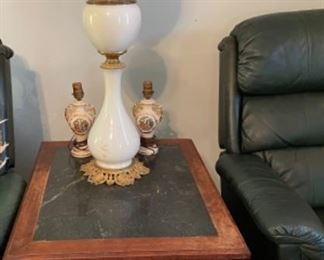milkglass GWTW lamp, pair of small courting couple lamps, marble top end table 