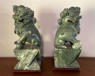 16" tall pair of heavy carved marble foo dogs