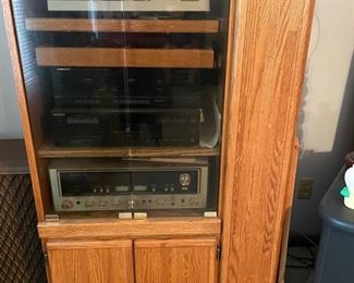 oak entertainment cabinet, stereo system