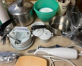 pots, pans, electric knife, tupperware