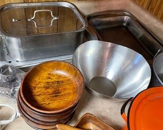 wooden bowls, stainless pots, 