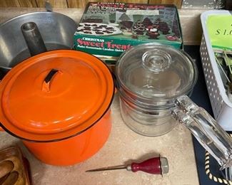 enamel stock pot, vintage red handle ice pick, Pyrex double boiler, can pan