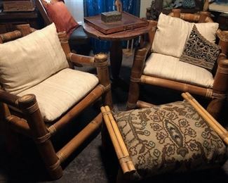 pair of bamboo chairs and ottoman
