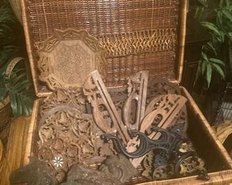 assorted carvings and plate stands 