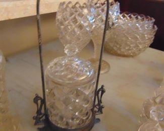 Gillinder Glass Co Rare Pickle Castor with 2 Rare Goblets directly behind.