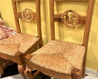 Two of four Country French rush seat kitchen chairs