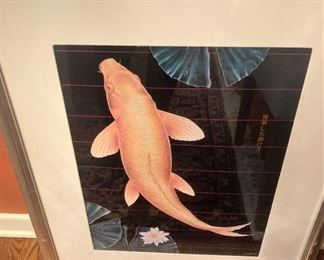 One of two coordinating koi fish framed pictures