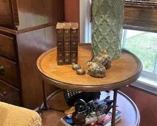 Two-tier side table; one of two celadon lamp