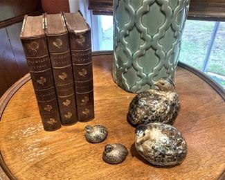 Leather bound books; brass quail