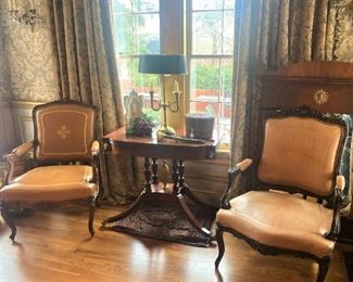 Two of four leather chairs (one - as is); antique side table