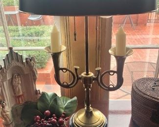 Vintage double French horn brass table lamp