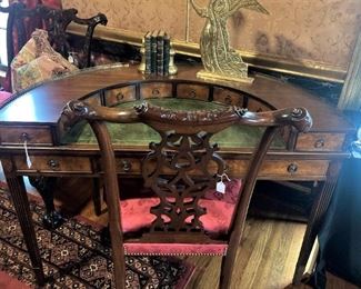 Antique demilune desk; Chippendale desk chair