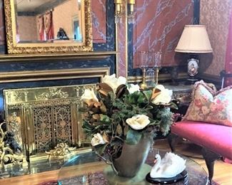 Elegant fireplace accessories; one of two matching glass top, gilded base tables 