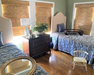 Padded twin headboards and frames; blue & white twin bedspreads