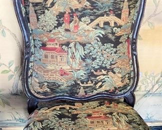 Black Chinese toile pagoda upholstery 