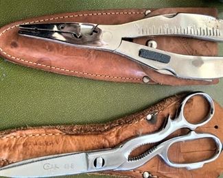 Case scissors and leather case; pliers in leather case