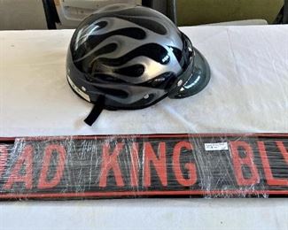 Harley Davidson helmet; Harley Road King Blvd sign 