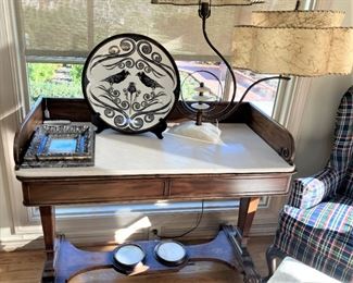 Antique table; unique lamp