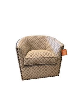 $1200 USD       Norwalk Custom Sally Lattice Upholstered 360 Swivel Chair TH154-4       Description: Sally has a distinctly contemporary attitude with a perfectly scaled barrel back, gently flared arms and seven-inch tapered wood legs. Spaced nail heads outline the front, arms and back of this versatile chair, which is designed especially for smaller spaces and apartment living.
Dimensions: 33 x 31 x 33"H 
Seat: 21W | 20D | 20H
Arm: 30H
Condition: New - Interior Design Studio Floor Sample
Local pick up Lake Oswego, OR.  Showroom with main floor access. Contact us for shipper suggestions.       https://goodbyhello.com/products/copy-of-bernhardt-jet-set-console-thd-03?_pos=8&_sid=0d2bd94cb&_ss=r