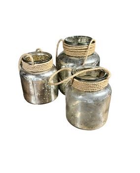 $40 USD      Set of Three Antique Mirrord Jars w/ Rope Handles JC155-12       Description: 3 antique mirrored jars with rope handles. Beautiful when lit with interior candles.
Dimensions: 8.5 x 11H, 2@7.5 x 8H
Condition: Used with minor signs of wear associated with use and age.  Please refer to pictures for more detail.
Location: Local pick up SW Portland, OR. Location is easy access in warehouse. Contact us for shipper suggestions.       https://goodbyhello.com/products/jc155-11?_pos=19&_sid=a0dcecac8&_ss=r