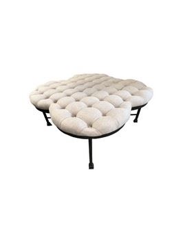 $425 USD     Laurier Clover Shaped Tufted Linen Ottoman w/Iron Base JC155-19       Description: A lovely oversized ottoman that sits stylishly in living rooms with its Moroccan-inspired design both trendy and classic. A quatrefoil shape modernizes both the furnishing's tufted top and black criss-cross stretcher, delivering a curvy complement to the piece's straight iron legs. Structured and firm top also can make this piece double as a coffee table.
Dimensions: 36W x 36D x 17.5H in
Condition: Great condition with minor superficial signs of wear consistent with use and age. Please see pictures for more detail. There is a small stain but no attempt to remove it has been made. 
Location: Local pick up SW Portland, OR. Located in warehouse for easy pick up. Please contact us for shipper suggestions.      https://goodbyhello.com/products/copy-of-sutton-solid-wood-frame-white-wash-coffee-table-by-noir-jc155-18?_pos=23&_sid=a0dcecac8&_ss=r