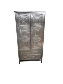$380 USD      2 Piece Balinese Entertainment Center/Armoire Wardrobe JC155-24      Description:  2 Piece Balinese Style Entertainment Center. Open upper cabinet for TV or open storage sitting atop a base with double drawers for closed storage.  This could be a fantastic dry bar!
Dimensions: Overall:  40 x 23.5 x 80"H
Upper 54H
Lower 26H
Condition: Used with minor signs of wear associated with use and age.  Please refer to pictures for more detail.
Location: Local pick up SW Portland, OR. Location is easy access in warehouse. Contact us for shipper suggestions.       https://goodbyhello.com/products/copy-of-french-styled-jc155-23?_pos=9&_sid=a0dcecac8&_ss=r