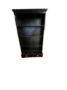 $510 USD      Large 3 Adjustable Shelf Black Bookcase w 2 Lower Drawers JC155-26       Description: Simplicity and storage define the sophisticated look of this double bookcase. Perfect for a study or den, its tall silhouette is statuesque and dramatic. Raised Panel finishing in black offers a versatile palette. Store and display books and decor accents on four tiers of shelving and two drawers.  Fill wall space while creating essential room for treasured volumes. Shelves are adjustable.
Dimensions:  44 x 17 x 79"H
Condition: Used with minor physical signs of wear associated with use and age.  Please refer to pictures for more detail.
Location: Local pick up SW Portland, OR. Location is easy access in warehouse. Contact us for shipper suggestions.      https://goodbyhello.com/products/copy-of-vertical-3-shelf-glass-front-single-door-storage-cabinet-jc155-25?_pos=18&_sid=a0dcecac8&_ss=r