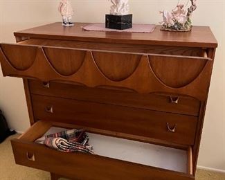 Brasilia Mid Century Walnut and Brass 5 Drawer Highboy Dresser Chest