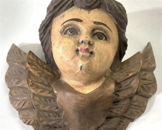 Hand Painted Carved Wooden Cherub Head Figure
