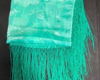 Turquoise & Silver Toned Patrerned Silk Scarf
