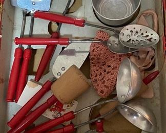 Vintage Red Wooden Handle Children's Kitchenware Set