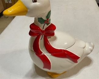 Vintage Goose With Red Ribbon and Poinsettia Cookie Jar