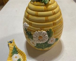 Vintage Beehive Cookie Jar with Marching Spoon Rest