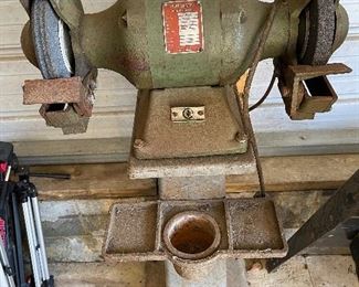 Powermatic Grinder/Buffer Model 2100-23 sitting on a Vintage Grinder Stand