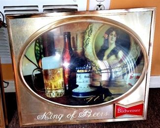 (1) of (2) Budweiser sign/pictures with oval glass 