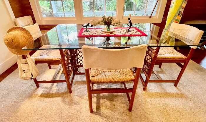 Old Key West style Rattan dining table and chairs with Sandford Birdsey fabric covers