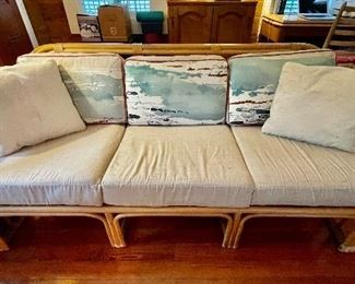 Old Key West style rattan sofa with Sandford Birdsey fabric covers