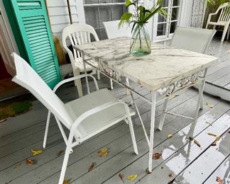 Metal outdoor marble top table and chairs