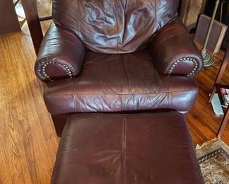Serta brown leather stuffed chair - Chair: 34"h x 43"w x 37"d. Ottoman 13"h x 27"w x 23"d. Available for pre-sale starting 1/9/23. Text 615-854-8535 for more information and/or to arrange a time to view. Take a look at matching loveseat & couch!